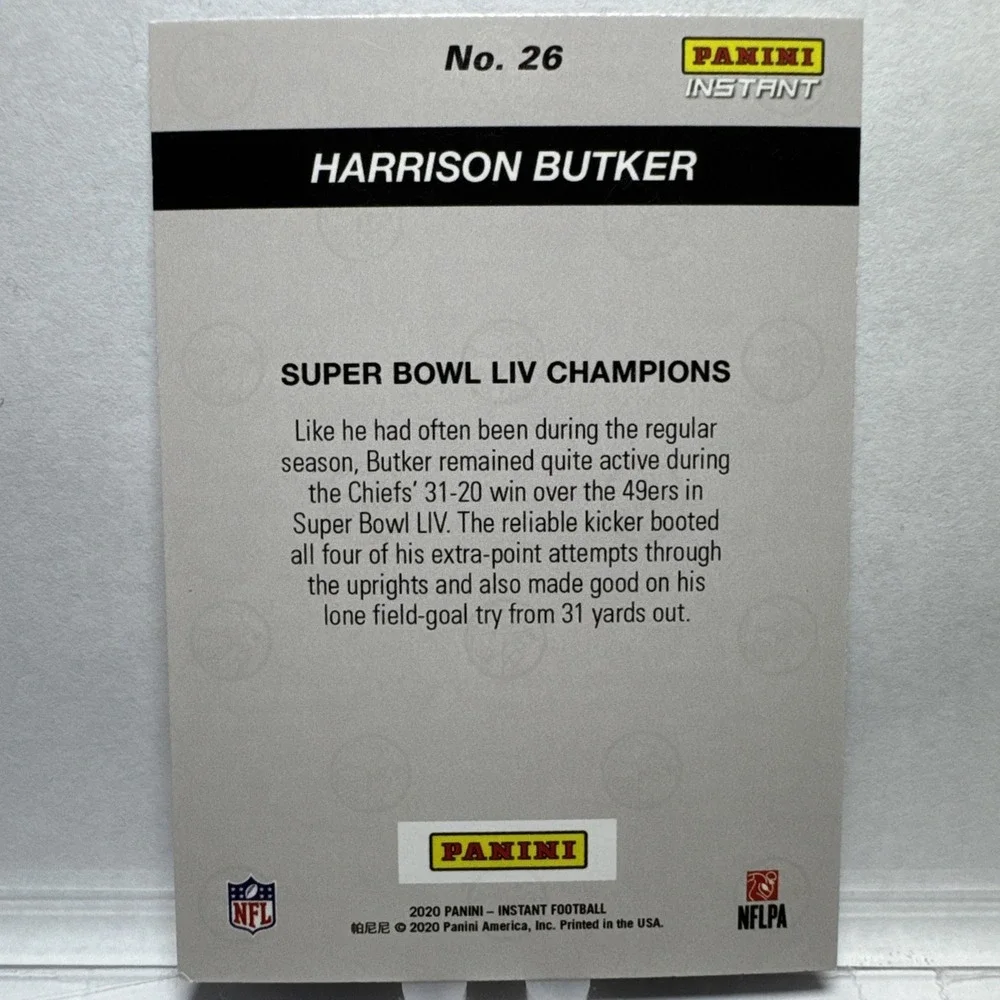 2020 Panini Instant Chiefs Super Bowl Harrison Butker #26 Football Card